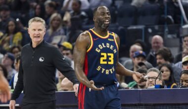 San Francisco, California, USA; Golden State Warriors forward Draymond Green (23) and head coach Steve Kerr react during the first quarter against the Miami Heat at Chase Center. Mandatory Credit: John Hefti-Imagn Images