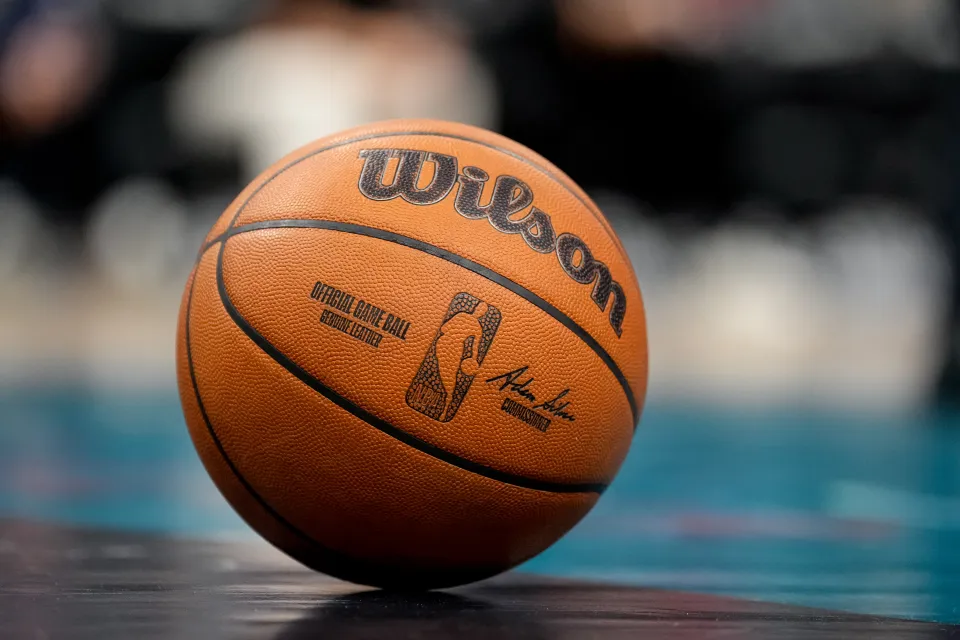 A general view of a Wilson brand official NBA game ball made with genuine leather on the court during the game between the Detroit Pistons and Miami Heat at Little Caesars Arena on January 01, 2026