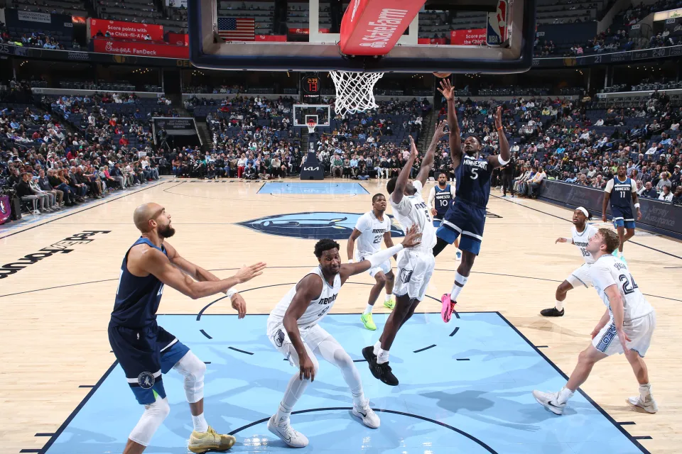 Anthony Edwards #5 of the Minnesota Timberwolves drives to the basket during the game against the Memphis Grizzlies on February 2, 2026 at FedExForum in Memphis, Tennessee.