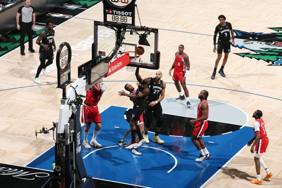 Anthony Edwards #5 of the Minnesota Timberwolves shoots the ball during the game against the LA Clippers on February 8, 2026 at Target Center in Minneapolis, Minnesota. 