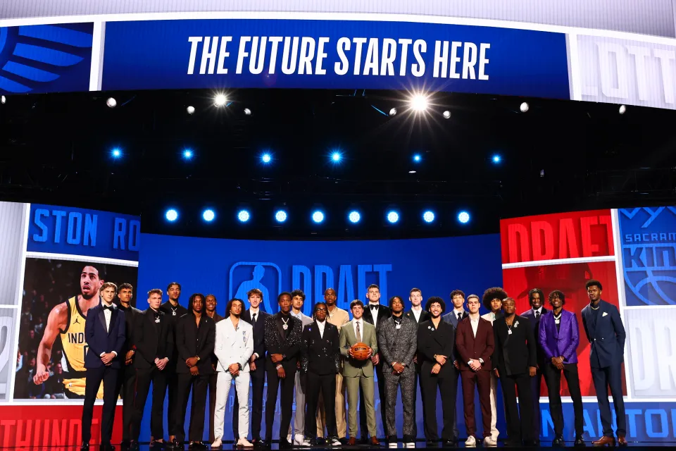 The top prospects pose for a photo prior to the first round of the 2024 NBA Draft at Barclays Center on June 26, 2024