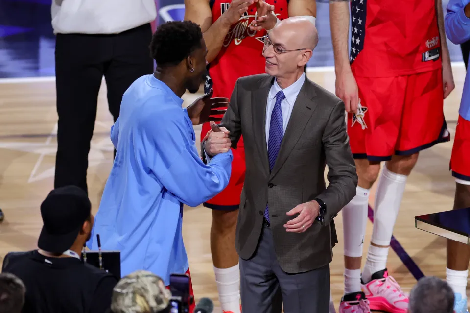 Anthony Edwards #5 of the Minnesota Timberwolves and Team USA Stars greets Adam Silver after the 75th NBA All-Star Game at Intuit Dome on February 15, 2026 in Inglewood, California.