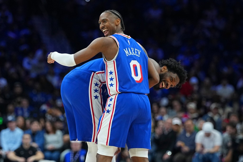 Tyrese Maxey #0 and Joel Embiid #21 of the Philadelphia 76ers.