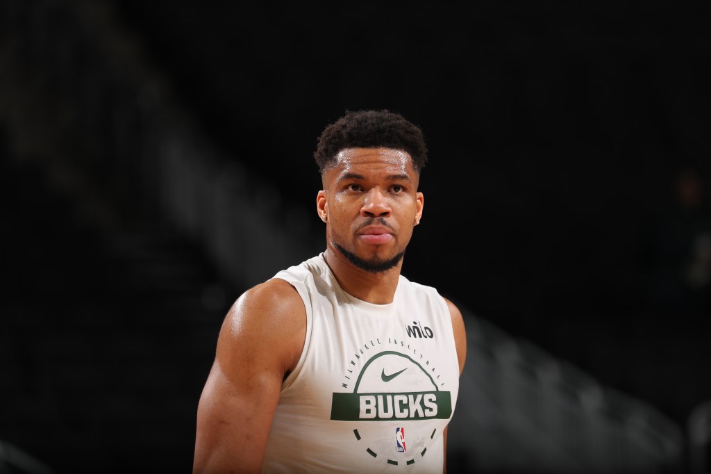 Giannis Antetokounmpo #34 of the Milwaukee Bucks warms up before the game against the Indiana Pacers on February 6, 2026 at Fiserv Forum Center in Milwaukee, Wisconsin. 