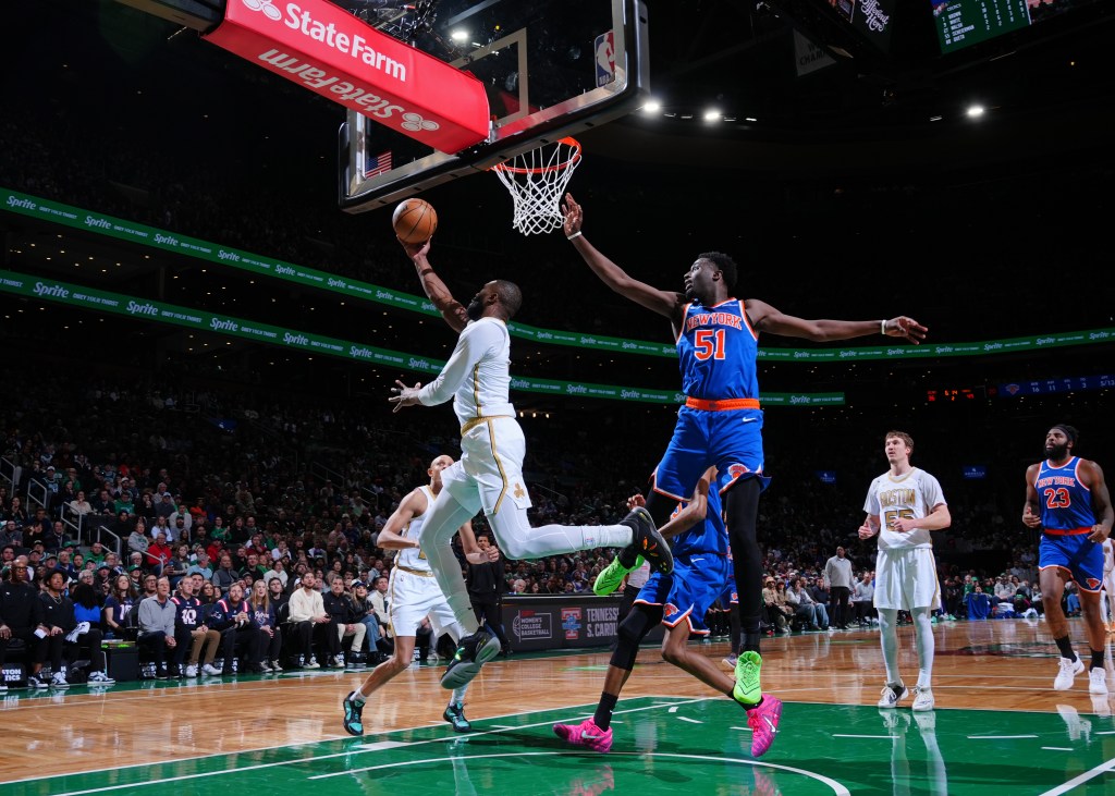 Mohamed Diawara guards Jaylen Brown during the Knicks-Celtics game on Feb. 8, 2026. 