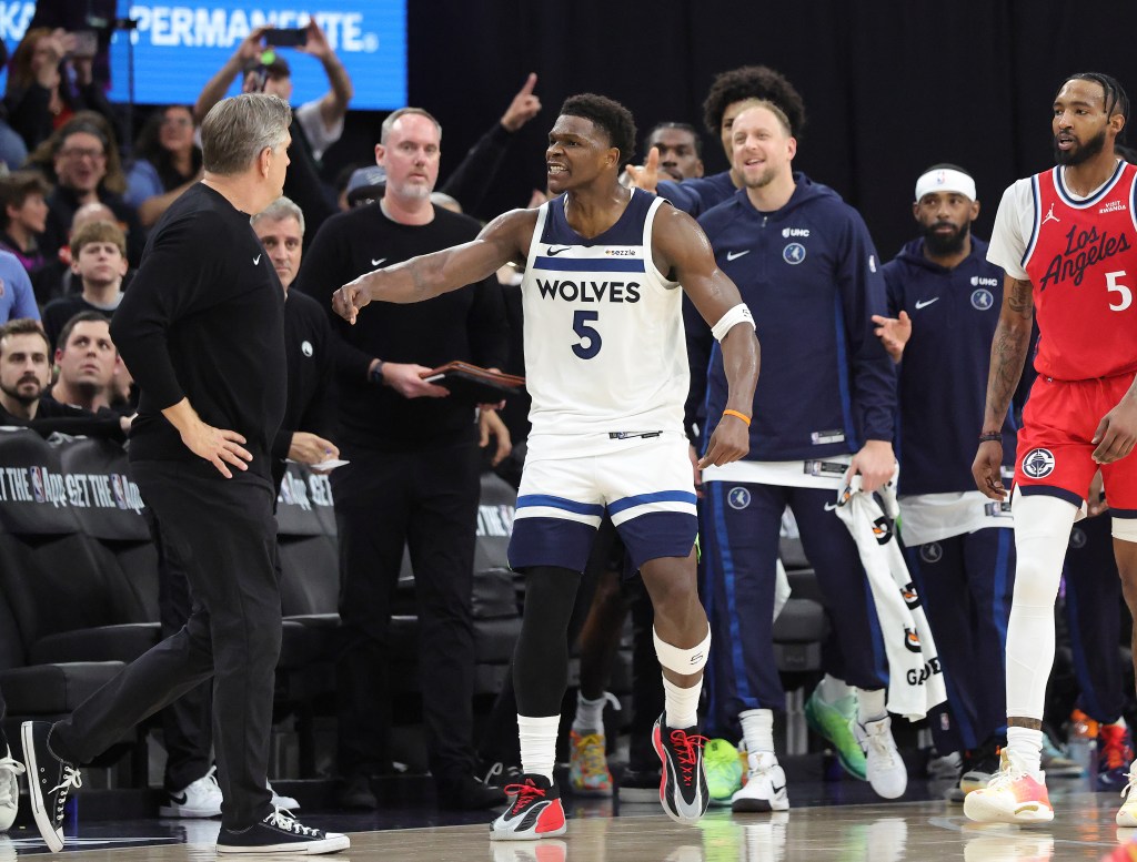 Anthony Edwards of the Minnesota Timberwolves reacts after making a three-point shot against the LA Clippers.