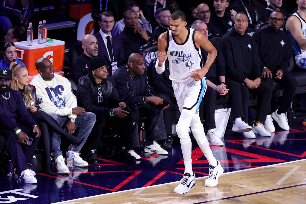 Victor Wembanyama of the San Antonio Spurs and World Team reacts during the 75th NBA All-Star Game.