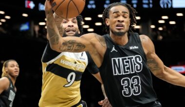 Nets score 80 points in the first half and beat the short-handed Wizards 127-113