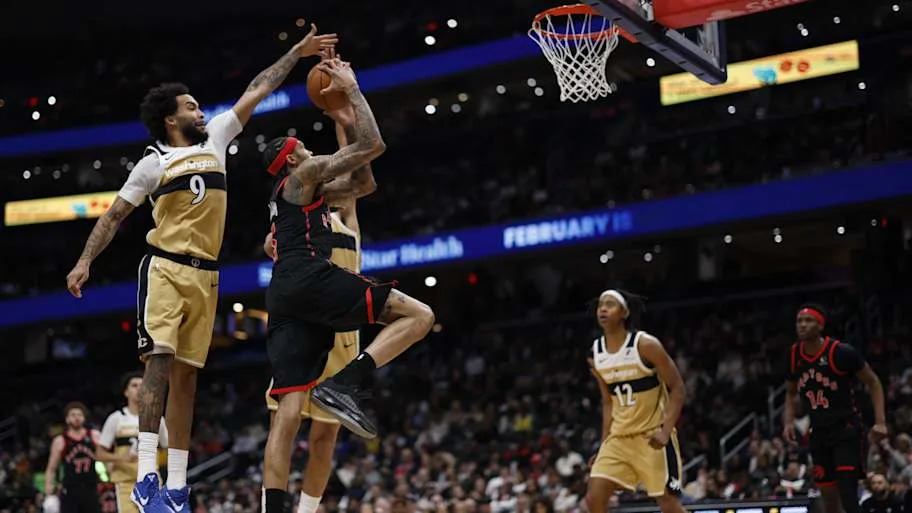 Toronto Raptors forward Brandon Ingram shoots the ball as Washington Wizards forward Justin Champagnie defends