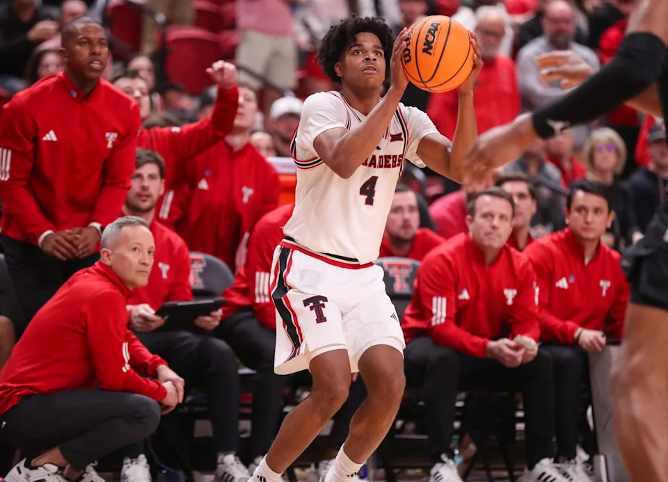 Texas Tech's Christian Anderson prepares to shoot against Cincinnati during a Big 12 Conference men's basketball game, Tuesday, Feb. 24, 2026, in United Supermarkets Arena.