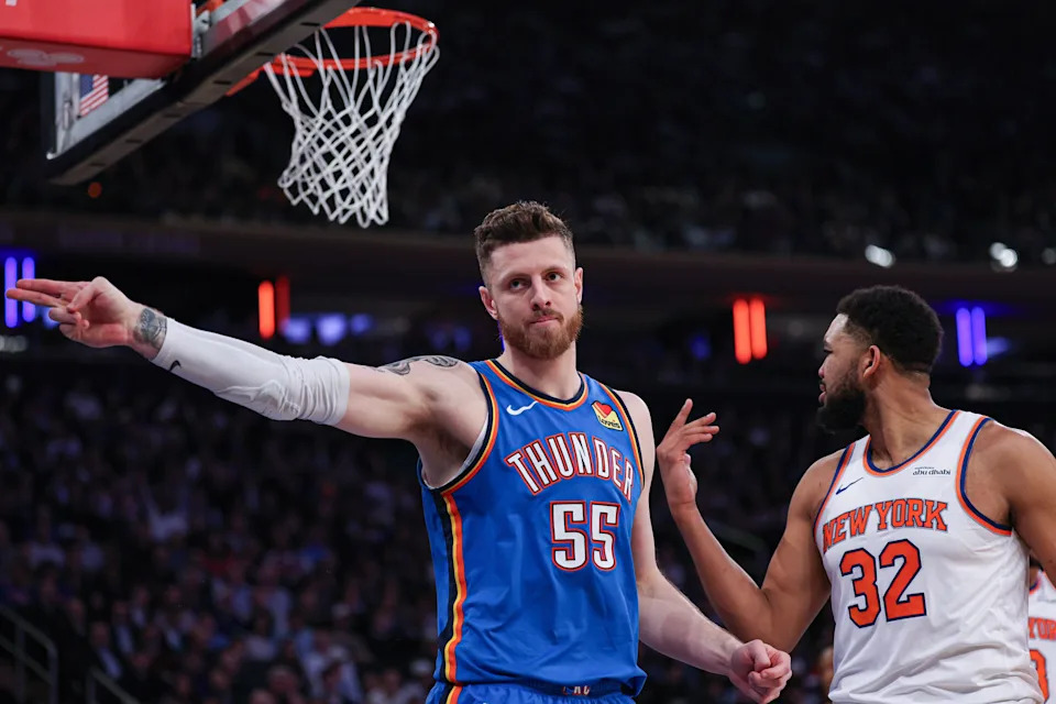Mar 4, 2026; New York, New York, USA; Oklahoma City Thunder center Isaiah Hartenstein (55) reacts after a call in front of New York Knicks center Karl-Anthony Towns (32) during the first half at Madison Square Garden. Mandatory Credit: Vincent Carchietta-Imagn Images
