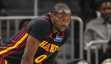 Feb 24, 2026; Atlanta, Georgia, USA; Atlanta Hawks forward Jonathan Kuminga (0) on the court against the Washington Wizards during the first half at State Farm Arena. Mandatory Credit: Dale Zanine-Imagn Images