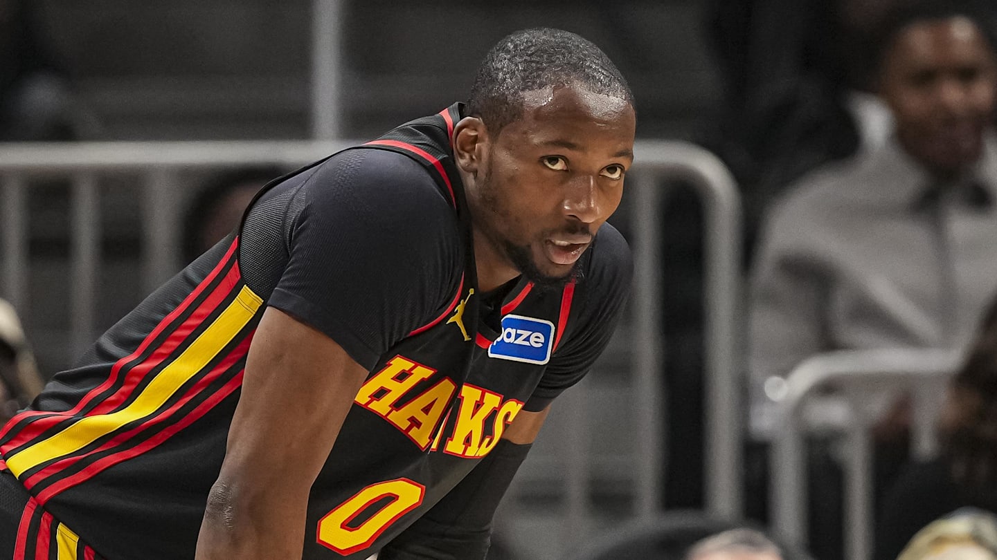 Feb 24, 2026; Atlanta, Georgia, USA; Atlanta Hawks forward Jonathan Kuminga (0) on the court against the Washington Wizards during the first half at State Farm Arena. Mandatory Credit: Dale Zanine-Imagn Images