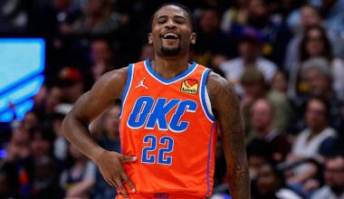 Feb 1, 2026; Denver, Colorado, USA; Oklahoma City Thunder guard Cason Wallace (22) reacts after a play in the third quarter against the Denver Nuggets at Ball Arena. Mandatory Credit: Isaiah J. Downing-Imagn Images