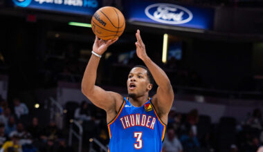 Oct 11, 2025; Indianapolis, Indiana, USA; Oklahoma City Thunder guard Chris Youngblood (3). Mandatory Credit: Trevor Ruszkowski-Imagn Images