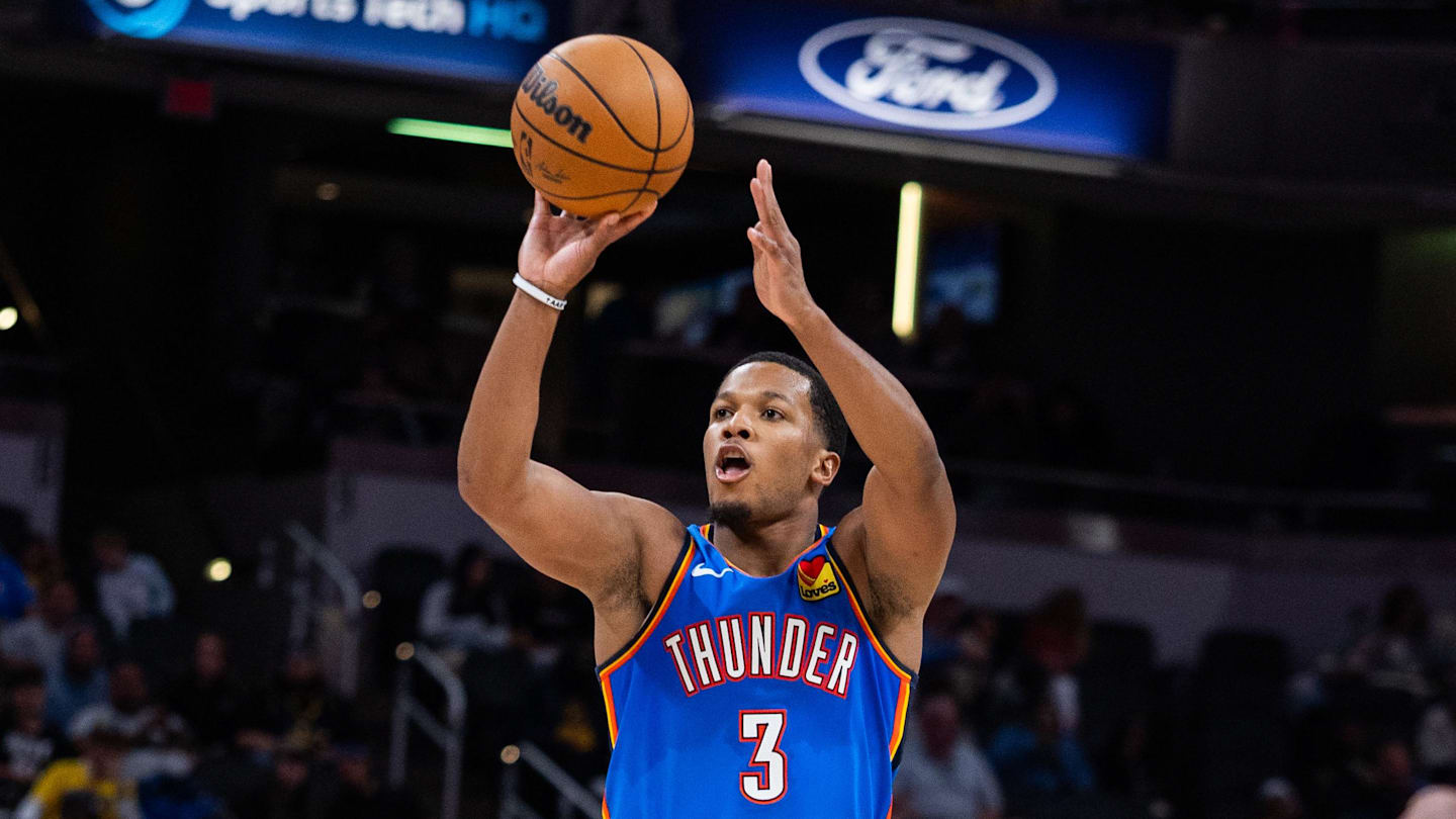 Oct 11, 2025; Indianapolis, Indiana, USA; Oklahoma City Thunder guard Chris Youngblood (3). Mandatory Credit: Trevor Ruszkowski-Imagn Images