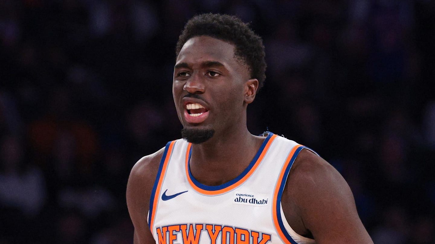 Feb 19, 2026; New York, New York, USA; New York Knicks forward Mohamed Diawara (51) reacts during the first half against the Detroit Pistons at Madison Square Garden. Mandatory Credit: Vincent Carchietta-Imagn Images