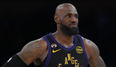 Los Angeles Lakers forward LeBron James (23) reacts against the New Orleans Pelicans in the second half at Crypto.com Arena.