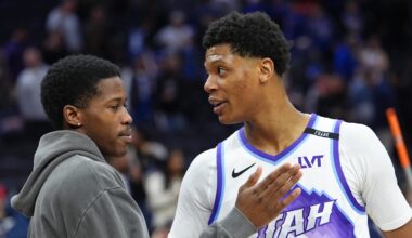 Mar 4, 2026; Philadelphia, Pennsylvania, USA; Utah Jazz guard Ace Bailey (19) reacts with Philadelphia 76ers guard VJ Edgecombe (left) after the game at Xfinity Mobile Arena. Mandatory Credit: Kyle Ross-Imagn Images