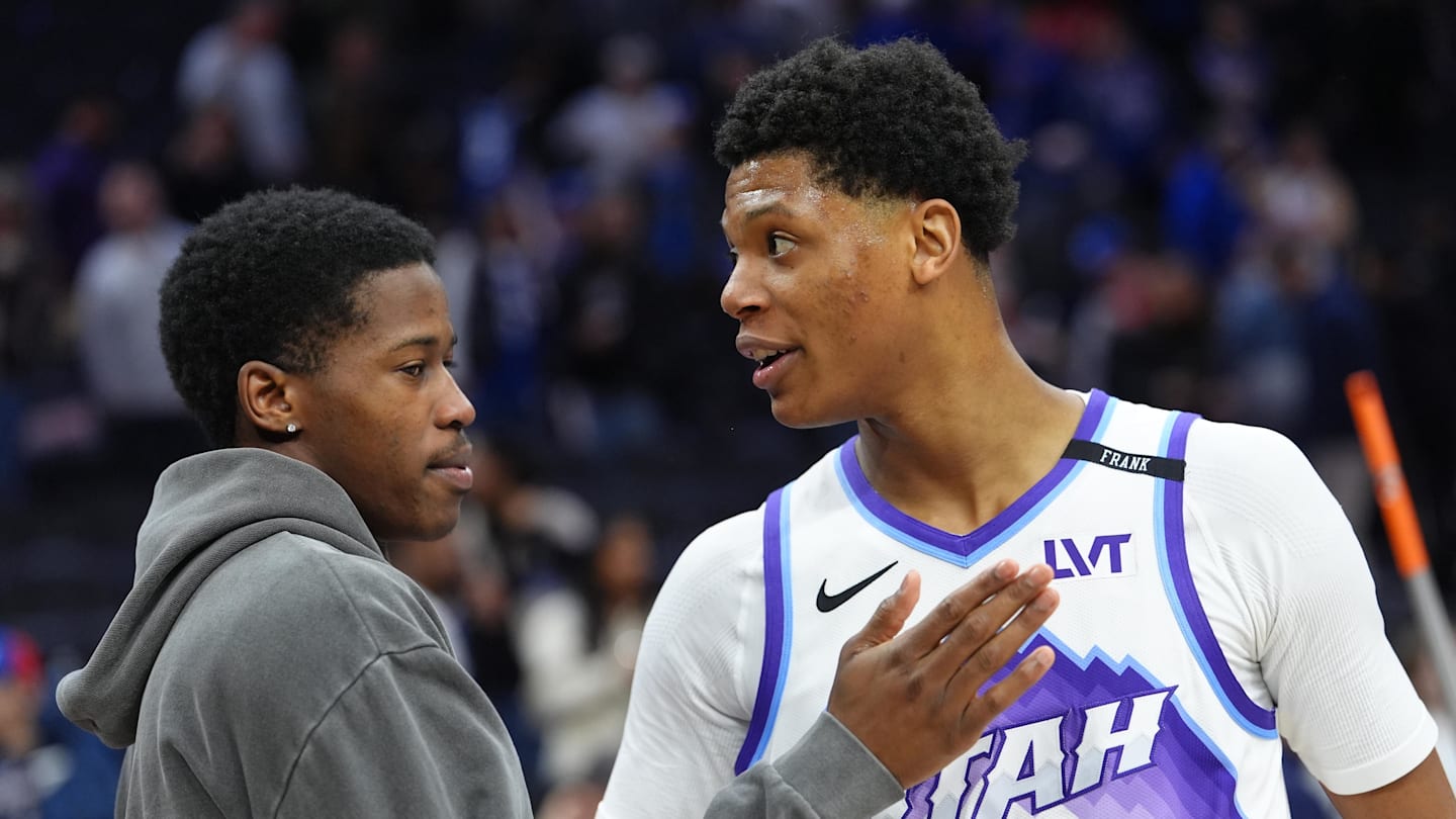Mar 4, 2026; Philadelphia, Pennsylvania, USA; Utah Jazz guard Ace Bailey (19) reacts with Philadelphia 76ers guard VJ Edgecombe (left) after the game at Xfinity Mobile Arena. Mandatory Credit: Kyle Ross-Imagn Images