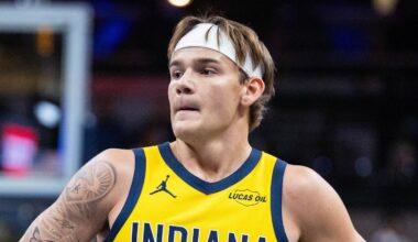 Oct 31, 2025; Indianapolis, Indiana, USA; Indiana Pacers guard Mac McClung (3) in the first half against the Atlanta Hawks at Gainbridge Fieldhouse. Mandatory Credit: Trevor Ruszkowski-Imagn Images