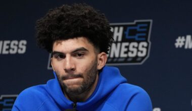Duke Blue Devils forward Cameron Boozer (12) during a press conference ahead of the first round of the men's 2026 NCAA Tournament at Bon Secours Wellness Arena.