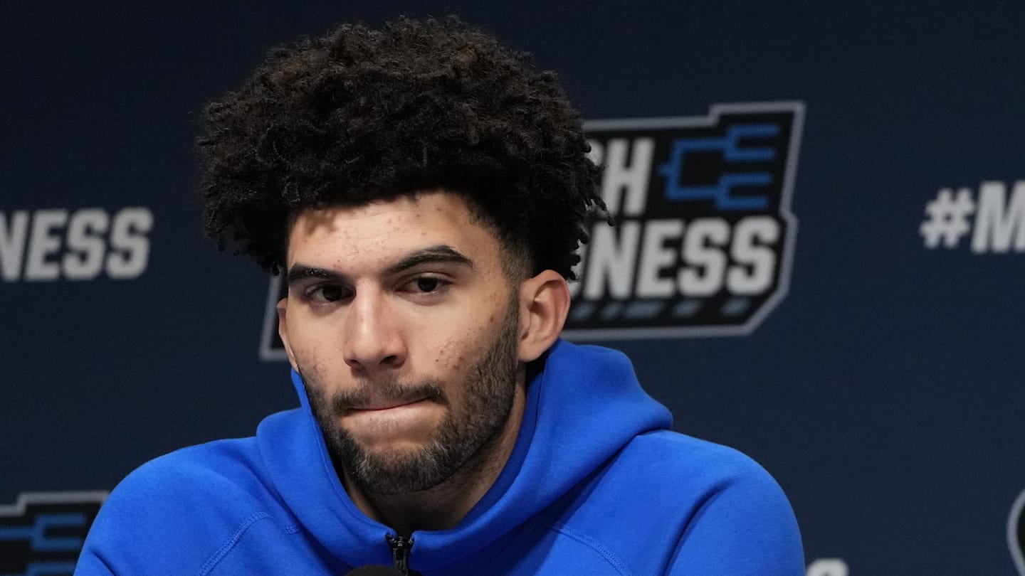 Duke Blue Devils forward Cameron Boozer (12) during a press conference ahead of the first round of the men's 2026 NCAA Tournament at Bon Secours Wellness Arena.