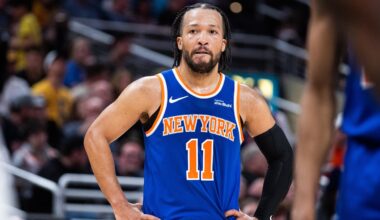 Mar 13, 2026; Indianapolis, Indiana, USA;  New York Knicks guard Jalen Brunson (11) in the second half against the Indiana Pacers at Gainbridge Fieldhouse. Mandatory Credit: Trevor Ruszkowski-Imagn Images
