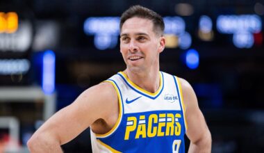 Indiana Pacers guard T.J. McConnell (9) reacts in the second half against the Houston Rockets at Gainbridge Fieldhouse.