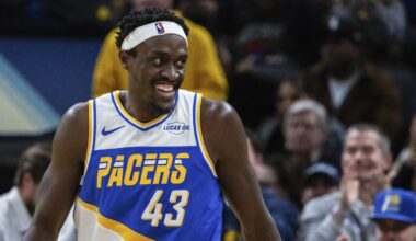 Indiana Pacers forward Pascal Siakam (43) celebrates a made basket in the second half against the Sacramento Kings at Gainbridge Fieldhouse.