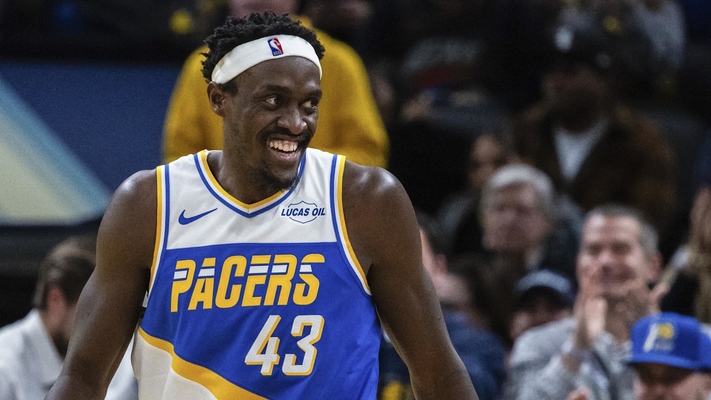 Indiana Pacers forward Pascal Siakam (43) celebrates a made basket in the second half against the Sacramento Kings at Gainbridge Fieldhouse.
