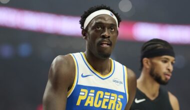 Mar 8, 2026; Portland, Oregon, USA; Indiana Pacers forward Pascal Siakam (43) looks on during a break in the action during the first half against the Portland Trail Blazers at Moda Center. Mandatory Credit: Troy Wayrynen-Imagn Images