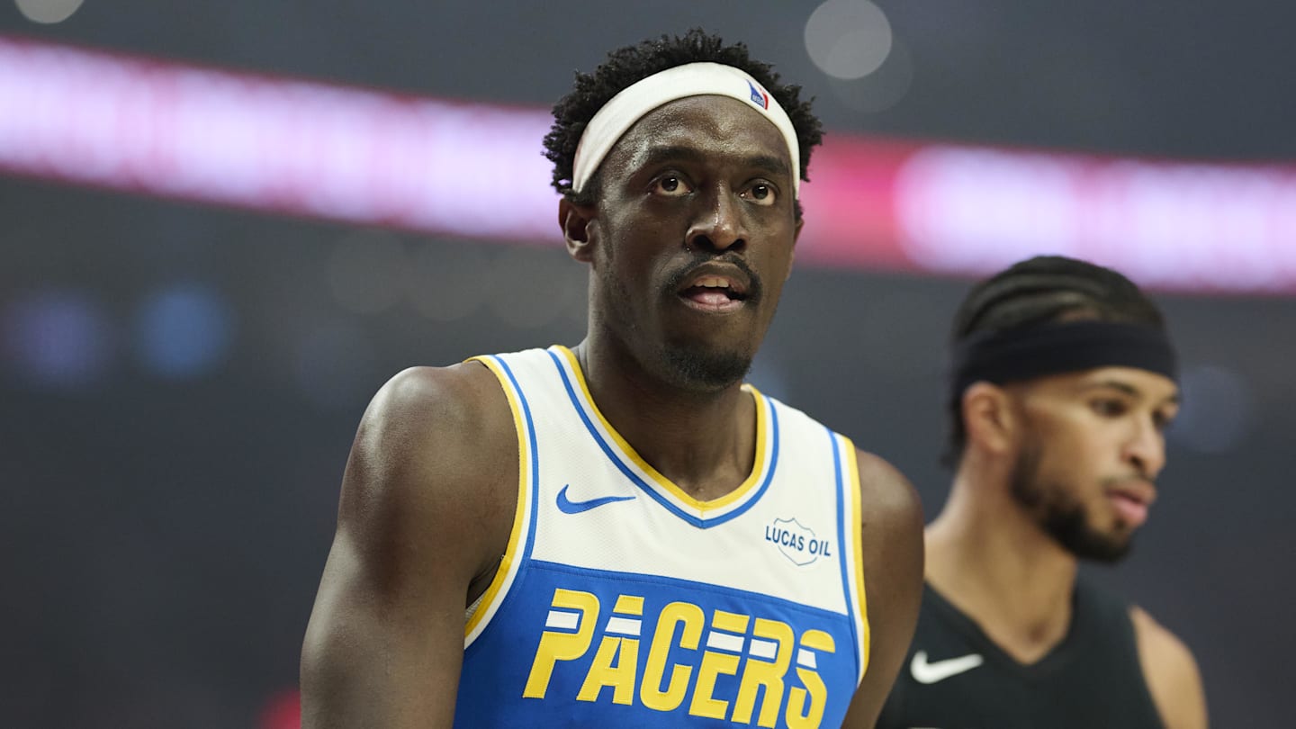 Mar 8, 2026; Portland, Oregon, USA; Indiana Pacers forward Pascal Siakam (43) looks on during a break in the action during the first half against the Portland Trail Blazers at Moda Center. Mandatory Credit: Troy Wayrynen-Imagn Images