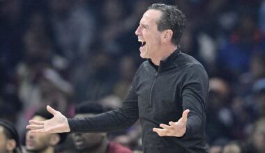 Mar 3, 2026; Cleveland, Ohio, USA; Cleveland Cavaliers head coach Kenny Atkinson reacts in the third quarter against the Detroit Pistons at Rocket Arena. Mandatory Credit: David Richard-Imagn Images