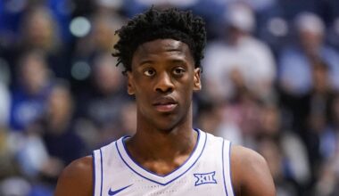 BYU Cougars forward AJ Dybantsa (3) looks on during the first half against the Texas Tech Red Raiders at Marriott Center.