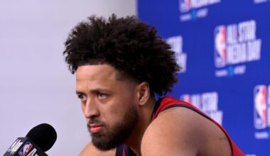 Feb 13, 2026; Inglewood, California, USA;  Team USA Stars guard Cade Cunningham (2) of the Detroit Pistons during a news conference for the NBA All Star game at Intuit Dome. Mandatory Credit: Jayne Kamin-Oncea-Imagn Images