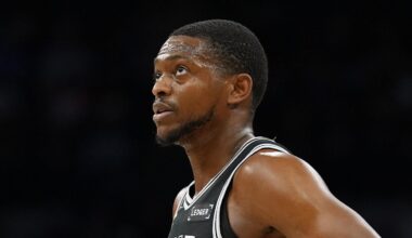 Mar 21, 2026; San Antonio, Texas, USA;  San Antonio Spurs guard De'aaron Fox (4) looks up in the first half against the Indiana Pacers at Frost Bank Center. Mandatory Credit: Daniel Dunn-Imagn Images
