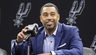 Jun 24, 2023; San Antonio, TX, USA; San Antonio Spurs general manager Brian Wright speaks at a press conference at AT&T Center. Mandatory Credit: Troy Taormina-Imagn Images