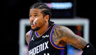 Suns guard Jalen Green reacts late against the Bucks during a game at the Mortgage Matchup Center in Phoenix on March 21, 2026.