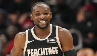 Feb 26, 2026; Atlanta, Georgia, USA; Atlanta Hawks forward Jonathan Kuminga (0) reacts after making a three point shot against the Washington Wizards during the first half at State Farm Arena. Mandatory Credit: Dale Zanine-Imagn Images