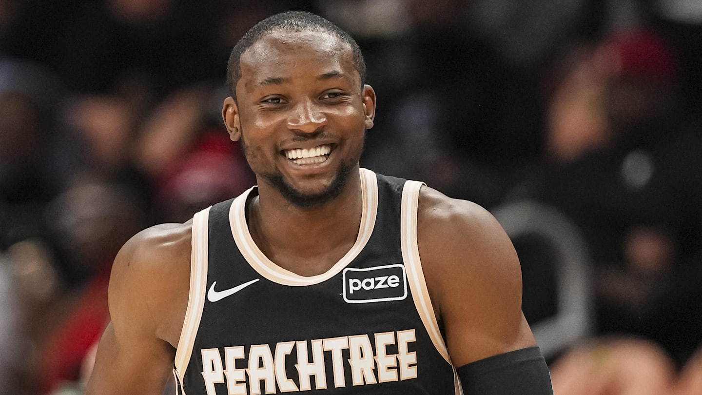 Feb 26, 2026; Atlanta, Georgia, USA; Atlanta Hawks forward Jonathan Kuminga (0) reacts after making a three point shot against the Washington Wizards during the first half at State Farm Arena. Mandatory Credit: Dale Zanine-Imagn Images