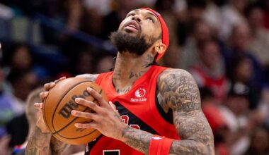 Mar 11, 2026; New Orleans, Louisiana, USA;  Toronto Raptors forward Brandon Ingram (3) reacts to a play against the New Orleans Pelicans during the second half at Smoothie King Center. Mandatory Credit: Stephen Lew-Imagn Images