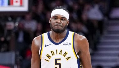 Indiana Pacers forward Jarace Walker (5) looks on against the Toronto Raptors during the second half at Scotiabank Arena.