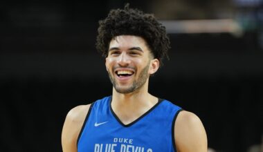 Duke Blue Devils forward Cameron Boozer (12) reacts during a practice session ahead of the first round of the men's 2026 NCAA Tournament at Bon Secours Wellness Arena.