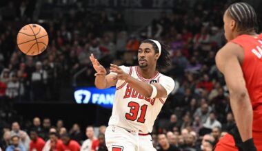 Feb 5, 2026; Toronto, Ontario, CAN;  Chicago Bulls guard Jaden Ivey (31) passes against the Toronto Raptors in the second half at Scotiabank Arena. Mandatory Credit: Dan Hamilton-Imagn Images