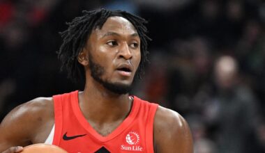 Jan 11, 2026; Toronto, Ontario, CAN;  Toronto Raptors guard Immanuel Quickley (5) controls the ball against the Philadelphia 76ers in the second half at Scotiabank Arena. Mandatory Credit: Dan Hamilton-Imagn Images