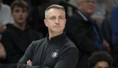 Mar 5, 2026; Minneapolis, Minnesota, USA; Toronto Raptors head coach Darko Rajakovic looks on against the Minnesota Timberwolves in the second half at Target Center. Mandatory Credit: Jesse Johnson-Imagn Images