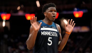 Mar 13, 2026; San Francisco, California, USA; Minnesota Timberwolves guard Anthony Edwards (5) reacts after the Timberwolves were called for a foul against the Golden State Warriors in the fourth quarter at the Chase Center. Mandatory Credit: Cary Edmondson-Imagn Images