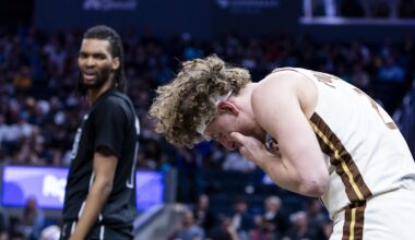 Mar 25, 2026; San Francisco, California, USA; Golden State Warriors guard Brandin Podziemski (2) reacts after getting hit in the face by a Brooklyn Nets player during the third quarter at Chase Center. Mandatory Credit: John Hefti-Imagn Images
