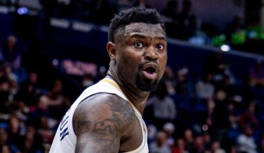 Feb 25, 2025; New Orleans, Louisiana, USA;  New Orleans Pelicans forward Zion Williamson (1) reacts to a play against the San Antonio Spurs during the first half at Smoothie King Center. Mandatory Credit: Stephen Lew-Imagn Images